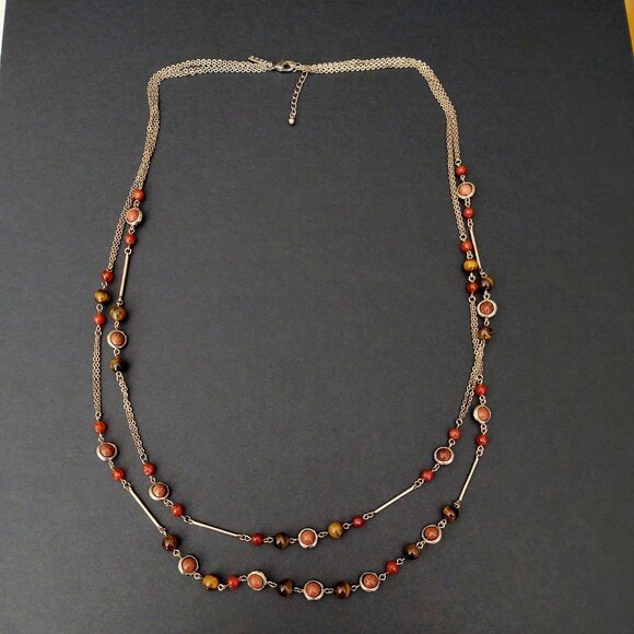 Long tiger's eye, orange glass and rust sparkle beaded 2 strand necklace - Picture 5 of 15